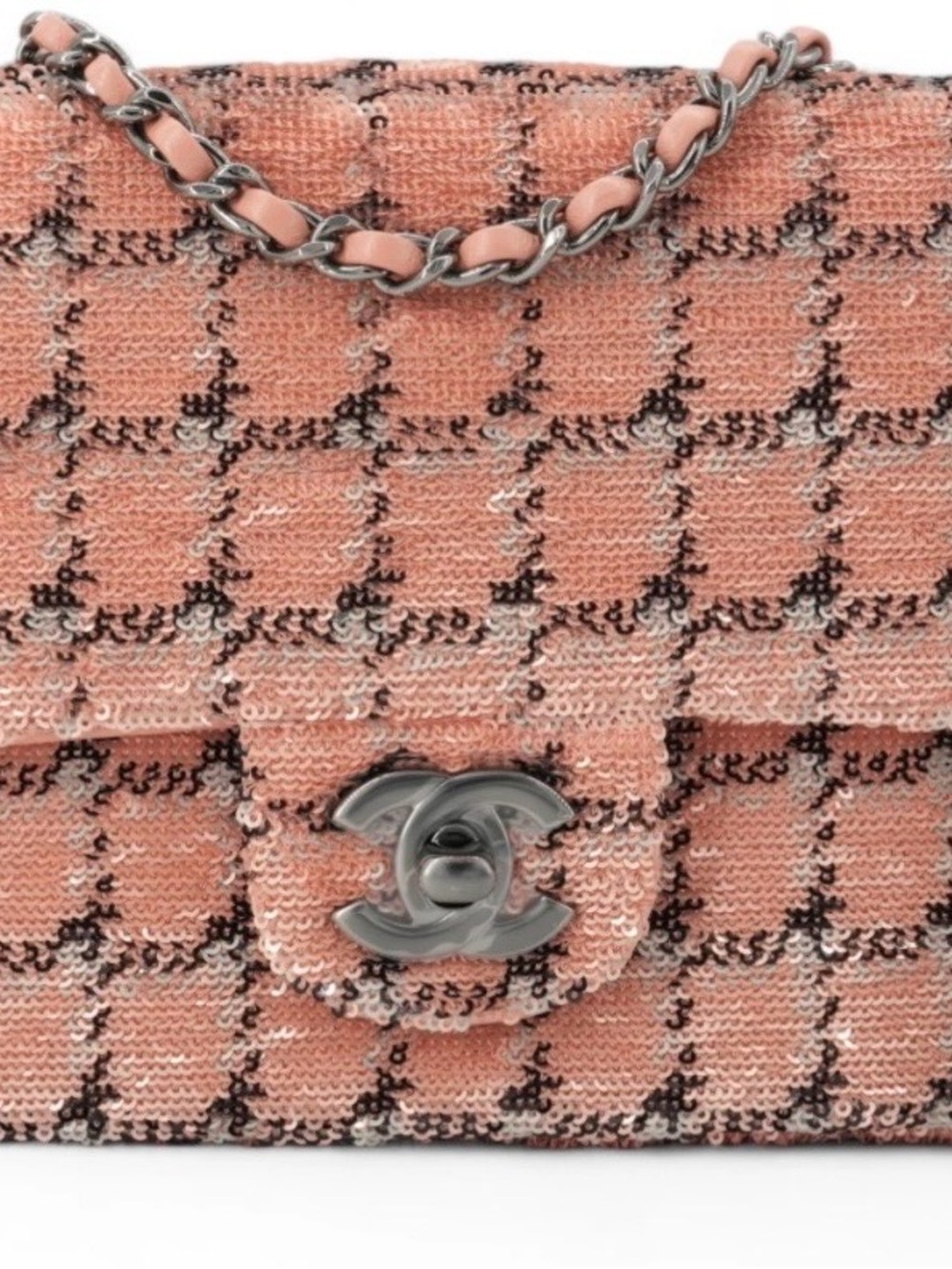 CHANEL Sequined ‘23 Peach-Pink Tweed Flap Shoulder Bag with Silver-Tone Hardware